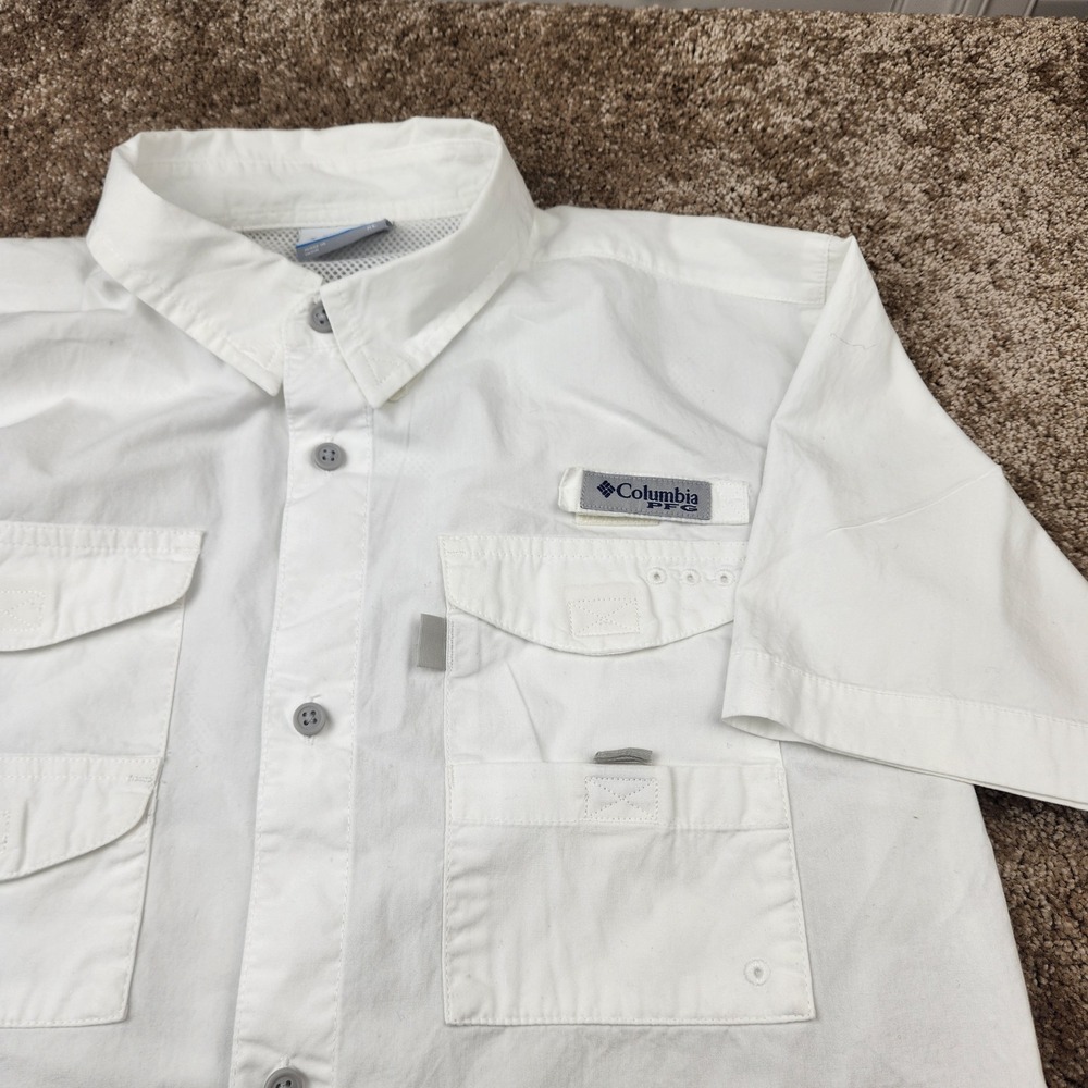 Columbia PFG White Short Sleeve Fishing Shirt Ventilated Utility Pockets XL